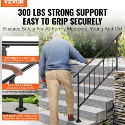 VEVOR Outdoor Stair Railing, Fits for 1-5 Steps Transitional Wrought Iron Handrail, Adjustable Exterior Stair Railing with Fence, Handrails for Concrete Steps with Installation Kit, Matte Black
