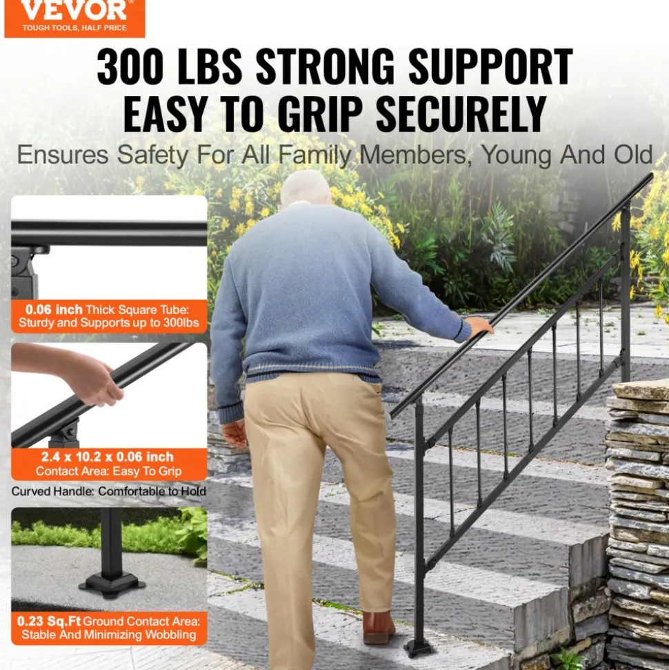 VEVOR Outdoor Stair Railing, Fits for 1-5 Steps Transitional Wrought Iron Handrail, Adjustable Exterior Stair Railing with Fence, Handrails for Concrete Steps with Installation Kit, Matte Black