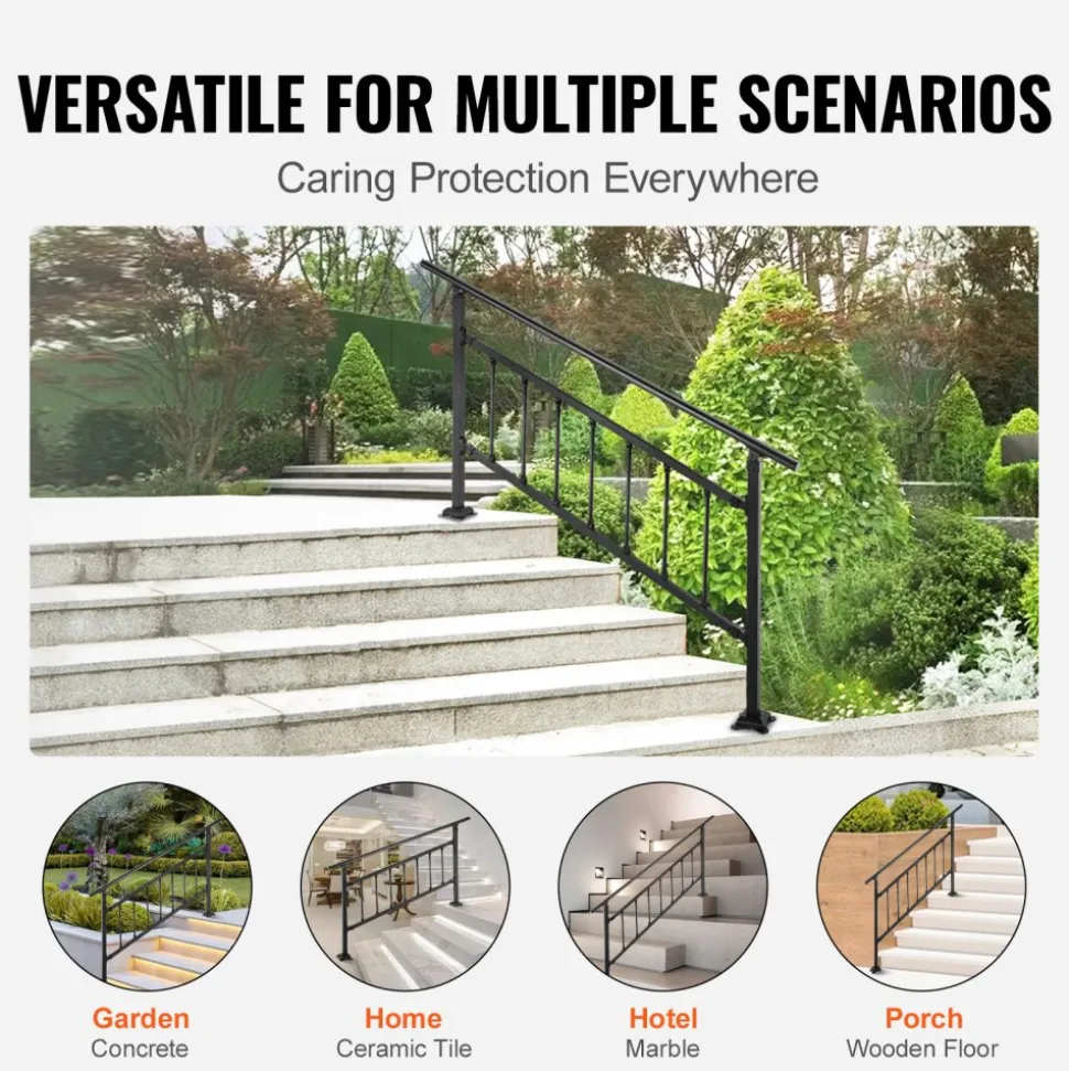 VEVOR Outdoor Stair Railing, Fits for 1-5 Steps Transitional Wrought Iron Handrail, Adjustable Exterior Stair Railing with Fence, Handrails for Concrete Steps with Installation Kit, Matte Black
