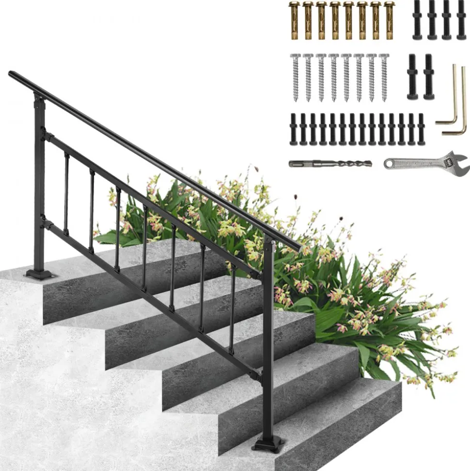 VEVOR Outdoor Stair Railing, Fits for 1-5 Steps Transitional Wrought Iron Handrail, Adjustable Exterior Stair Railing with Fence, Handrails for Concrete Steps with Installation Kit, Matte Black