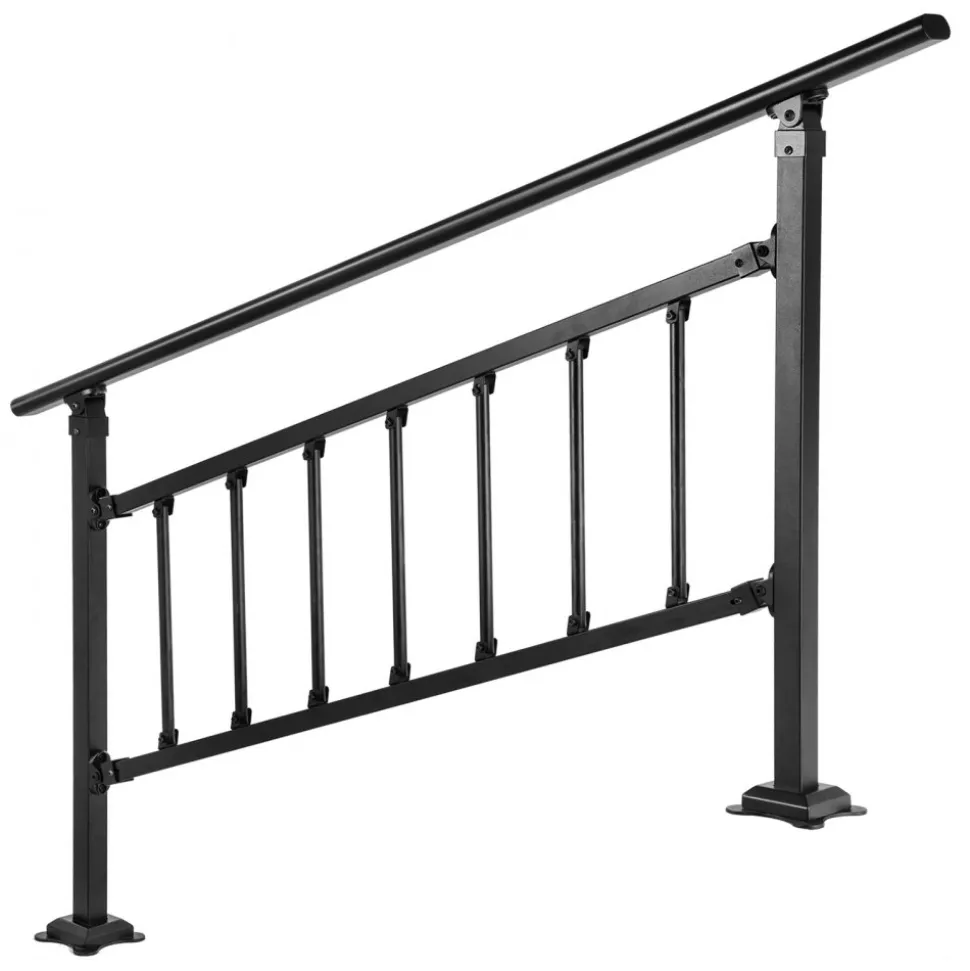 VEVOR Outdoor Stair Railing, Fits for 1-5 Steps Transitional Wrought Iron Handrail, Adjustable Exterior Stair Railing with Fence, Handrails for Concrete Steps with Installation Kit, Matte Black