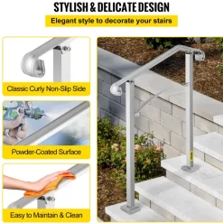 VEVOR Outdoor Stair Railing, Fit 2 or 3 Steps Alloy Metal Handrailing, Front Porch Flexible Transitional Handrail, Arch Step Rail with Installation Kit, for Concrete or Wooden Stairs, Silver