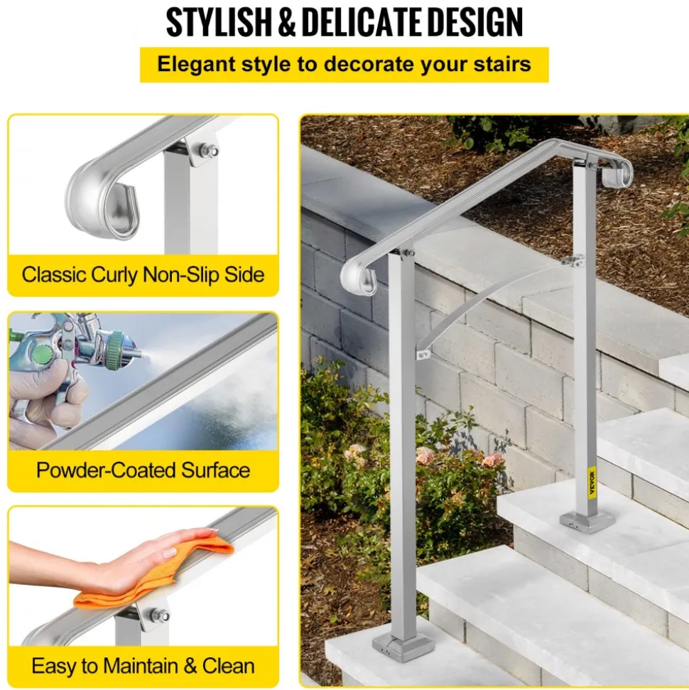 VEVOR Outdoor Stair Railing, Fit 2 or 3 Steps Alloy Metal Handrailing, Front Porch Flexible Transitional Handrail, Arch Step Rail with Installation Kit, for Concrete or Wooden Stairs, Silver