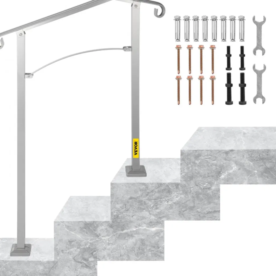 VEVOR Outdoor Stair Railing, Fit 2 or 3 Steps Alloy Metal Handrailing, Front Porch Flexible Transitional Handrail, Arch Step Rail with Installation Kit, for Concrete or Wooden Stairs, Silver