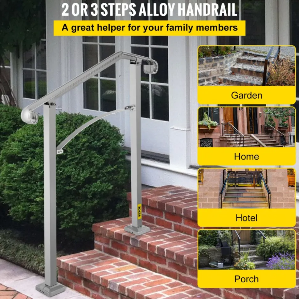 VEVOR Outdoor Stair Railing, Fit 2 or 3 Steps Alloy Metal Handrailing, Front Porch Flexible Transitional Handrail, Arch Step Rail with Installation Kit, for Concrete or Wooden Stairs, Silver