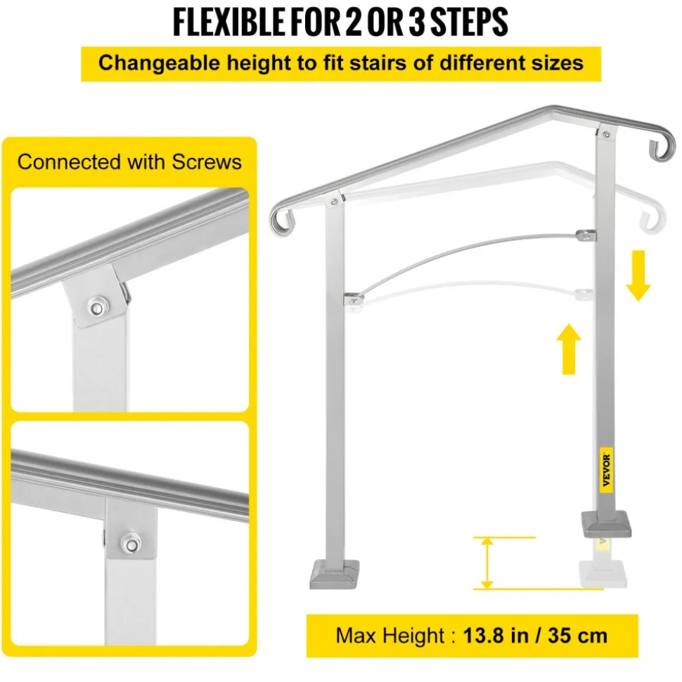 VEVOR Outdoor Stair Railing, Fit 2 or 3 Steps Alloy Metal Handrailing, Front Porch Flexible Transitional Handrail, Arch Step Rail with Installation Kit, for Concrete or Wooden Stairs, Silver