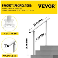 VEVOR Outdoor Stair Railing Kit, 3 FT Handrails 2-3 Steps, Adjustable Angle White Aluminum Stair Hand Rail for The Elderly, Handrails for Outdoor Steps