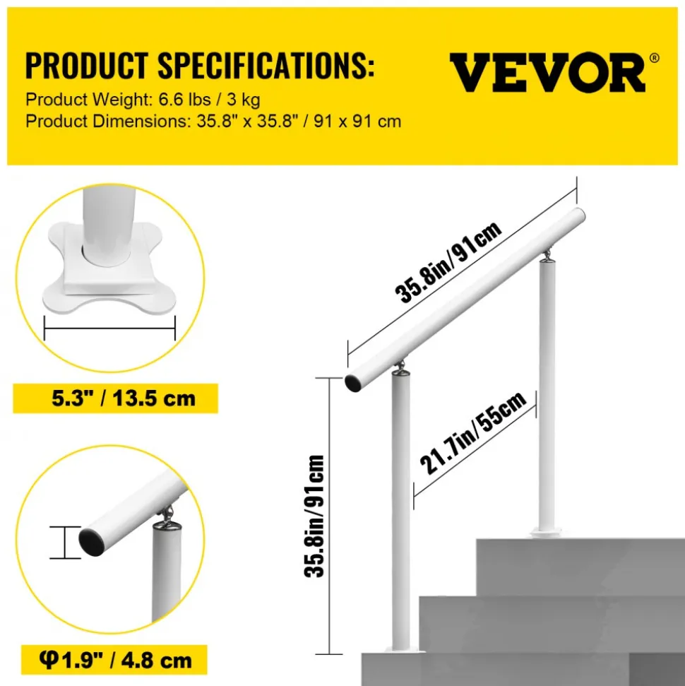 VEVOR Outdoor Stair Railing Kit, 3 FT Handrails 2-3 Steps, Adjustable Angle White Aluminum Stair Hand Rail for The Elderly, Handrails for Outdoor Steps