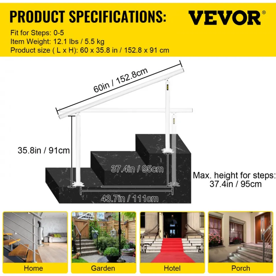 VEVOR Outdoor Stair Railing Kit, 5 FT Handrails 0-5 Steps, Adjustable Angle White Aluminum Stair Hand Rail for The Elderly, Handrails for Outdoor Steps