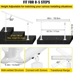 VEVOR Outdoor Stair Railing Kit, 5 FT Handrails 0-5 Steps, Adjustable Angle White Aluminum Stair Hand Rail for The Elderly, Handrails for Outdoor Steps