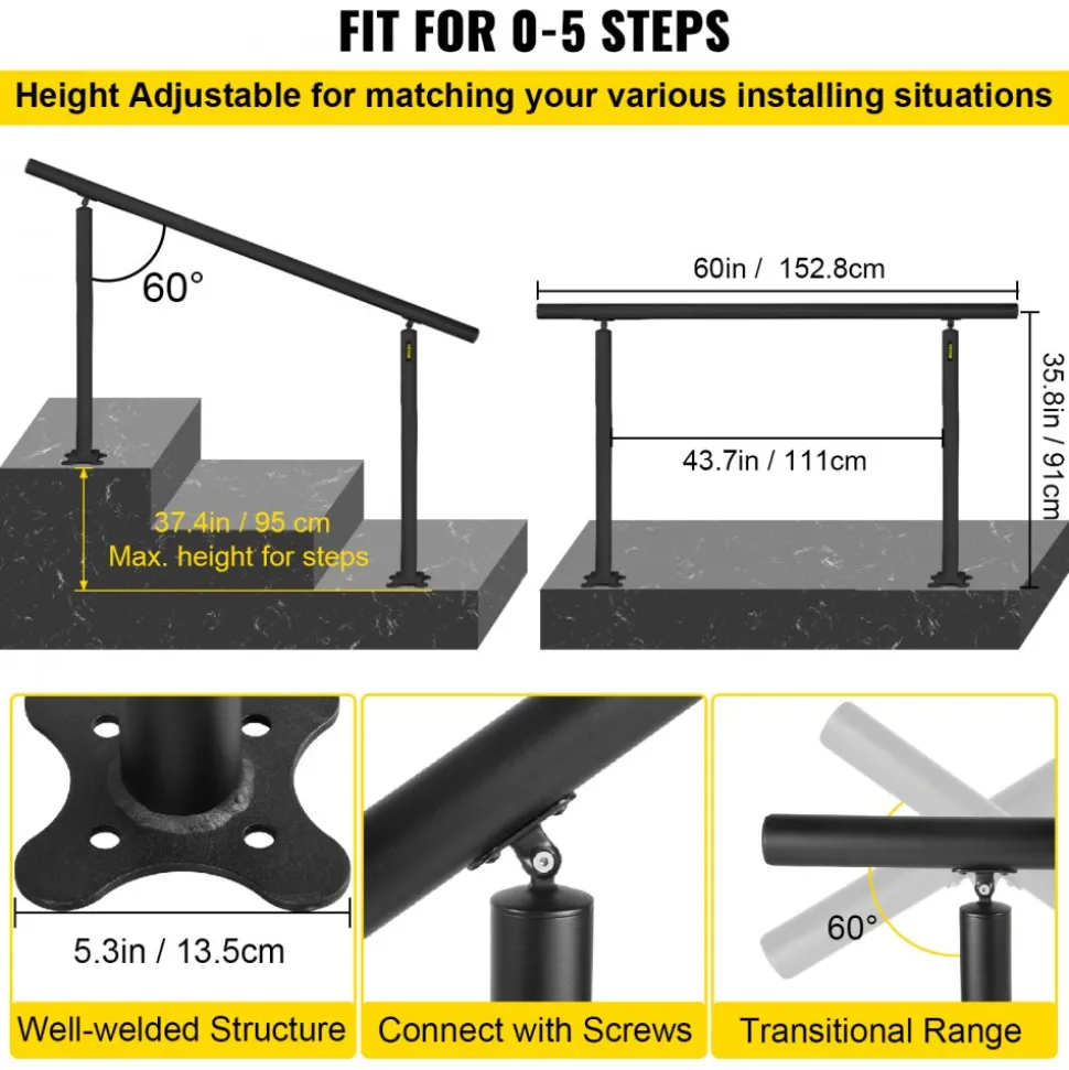VEVOR Outdoor Stair Railing Kit, 5 FT Handrails 0-5 Steps, Adjustable Angle Black Aluminum Stair Hand Rail for The Elderly, Handrails for Indoor & Outdoor Steps