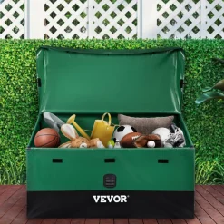 VEVOR Outdoor Storage Box, 100 Gallon Waterproof PE Tarpaulin Deck Box with Galvanized Frame, All-Weather Protection & Portable, for Camping, Garden, Poolside, and Yard, Brown & Blue