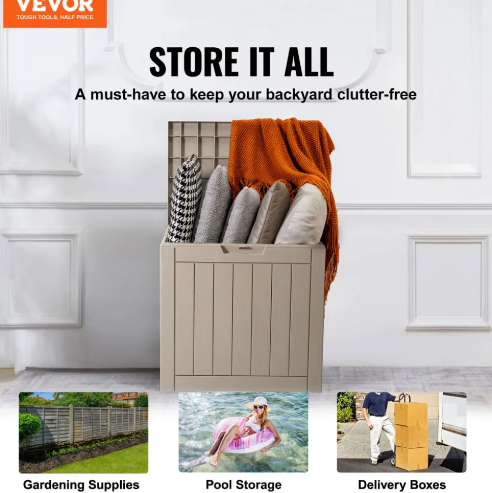 VEVOR Outdoor Storage Box, 31 Gallon Resin Deck Box, Backyard Outside Toy and Towel Storage Cabinet Waterproof, for Patio Furniture Cushions, Garden Tools, Pool Supplies & Package Delivery (Grey)