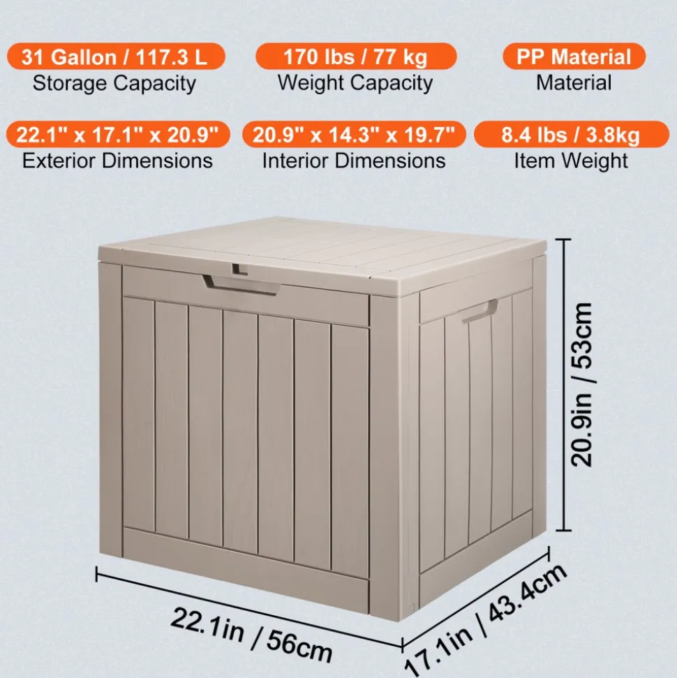 VEVOR Outdoor Storage Box, 31 Gallon Resin Deck Box, Backyard Outside Toy and Towel Storage Cabinet Waterproof, for Patio Furniture Cushions, Garden Tools, Pool Supplies & Package Delivery (Grey)