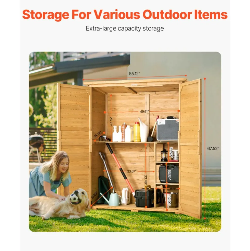 VEVOR Outdoor Storage Shed, Large Wooden Outside Storage Cabinet with Waterproof Roof and Metal Frame, Double Lockable Doors Garden Tool Shed Storage House Cabinet with Shelves & Floor, 55"x67.5"
