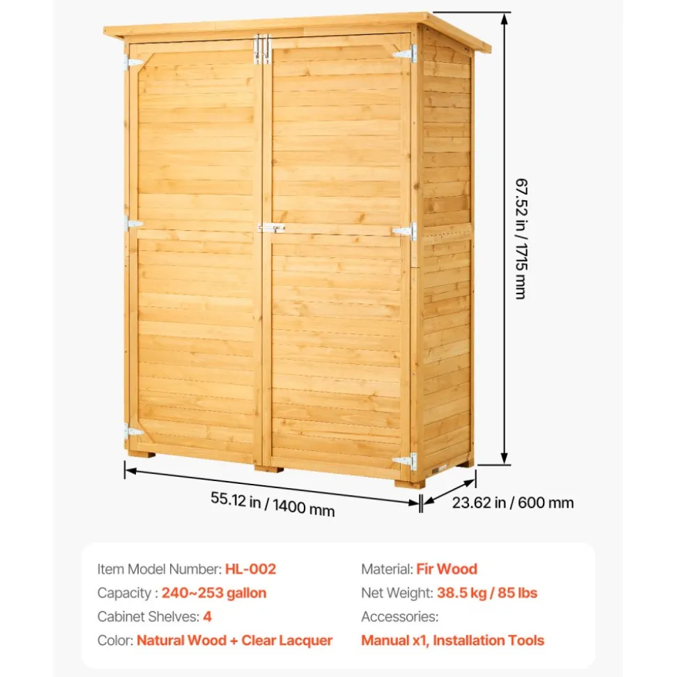 VEVOR Outdoor Storage Shed, Large Wooden Outside Storage Cabinet with Waterproof Roof and Metal Frame, Double Lockable Doors Garden Tool Shed Storage House Cabinet with Shelves & Floor, 55"x67.5"