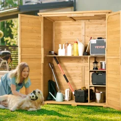 VEVOR Outdoor Storage Shed, Large Wooden Outside Storage Cabinet with Waterproof Roof and Metal Frame, Double Lockable Doors Garden Tool Shed Storage House Cabinet with Shelves & Floor, 55