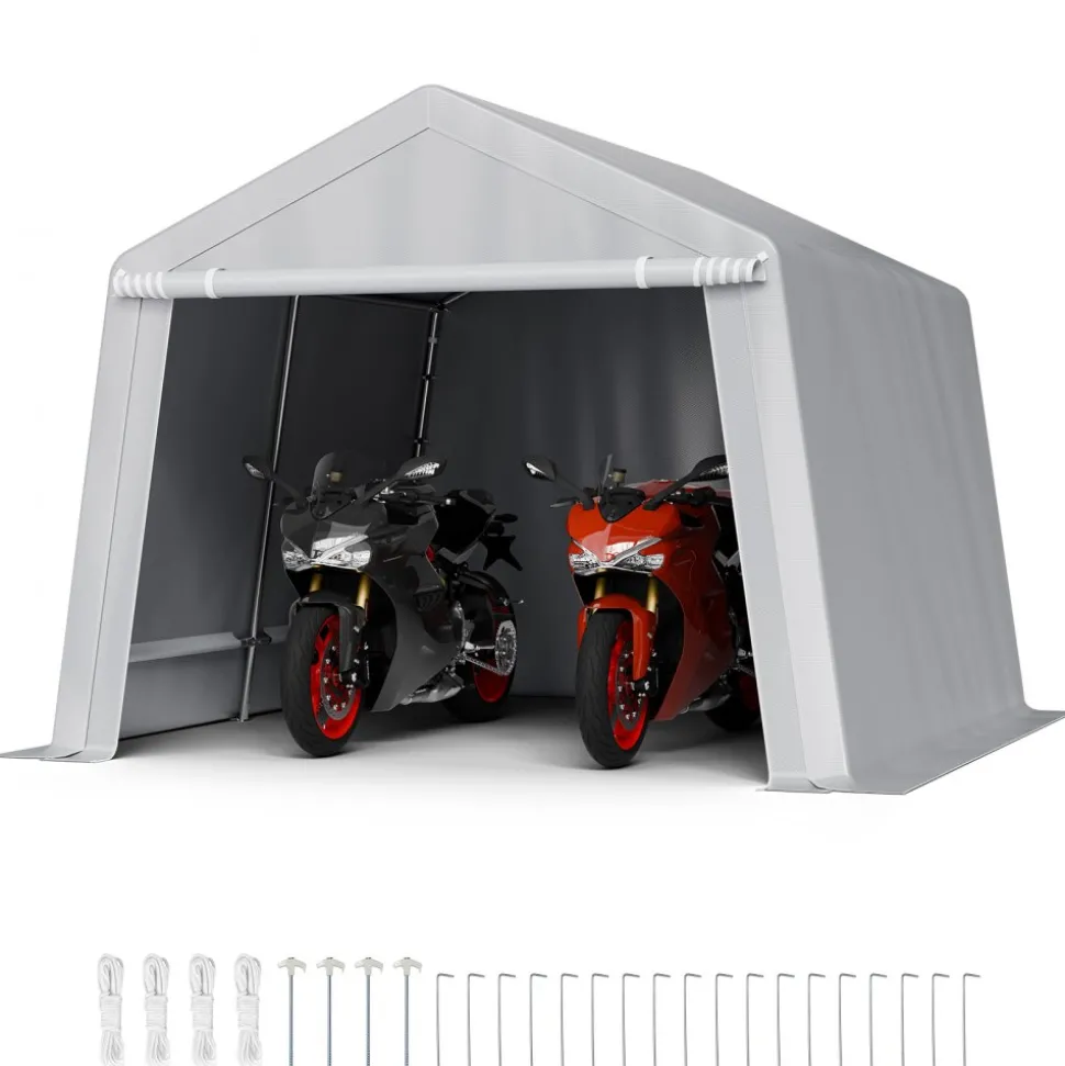 VEVOR Outdoor Storage Shed, 10 x 10 ft Portable Storage Tent with Roll-up Door, Waterproof Canopy Shed Shelter, Heavy Duty Frame, Patio Garage Carport for Motorcycle, Lawn Mower, Bike, Grey