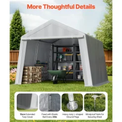 VEVOR Outdoor Storage Shed, 10 x 10 ft Portable Storage Tent with Roll-up Door, Waterproof Canopy Shed Shelter, Heavy Duty Frame, Patio Garage Carport for Motorcycle, Lawn Mower, Bike, Grey