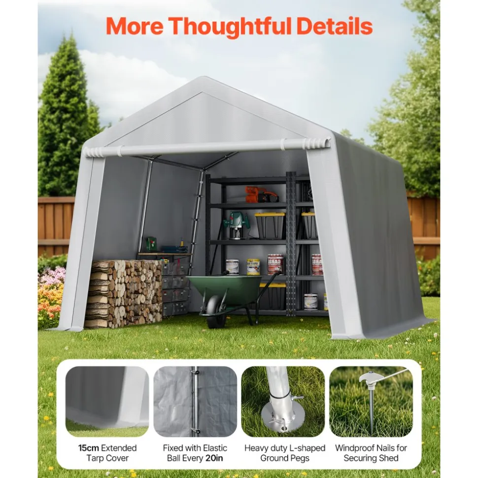 VEVOR Outdoor Storage Shed, 10 x 10 ft Portable Storage Tent with Roll-up Door, Waterproof Canopy Shed Shelter, Heavy Duty Frame, Patio Garage Carport for Motorcycle, Lawn Mower, Bike, Grey