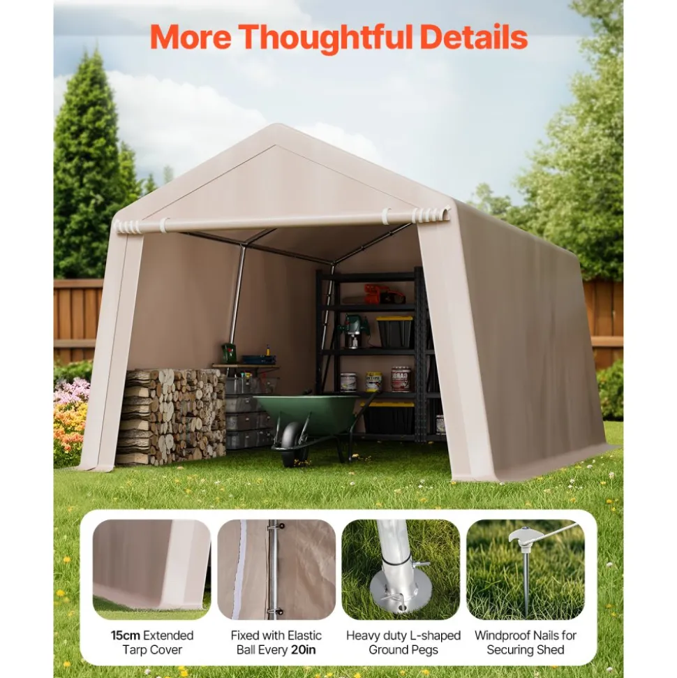VEVOR Outdoor Storage Shed, 10 x 15 ft Portable Storage Tent with Roll-up Door, Waterproof Canopy Shed Shelter, Heavy Duty Frame, Patio Garage Carport for Motorcycle, Lawn Mower, Bike, Beige