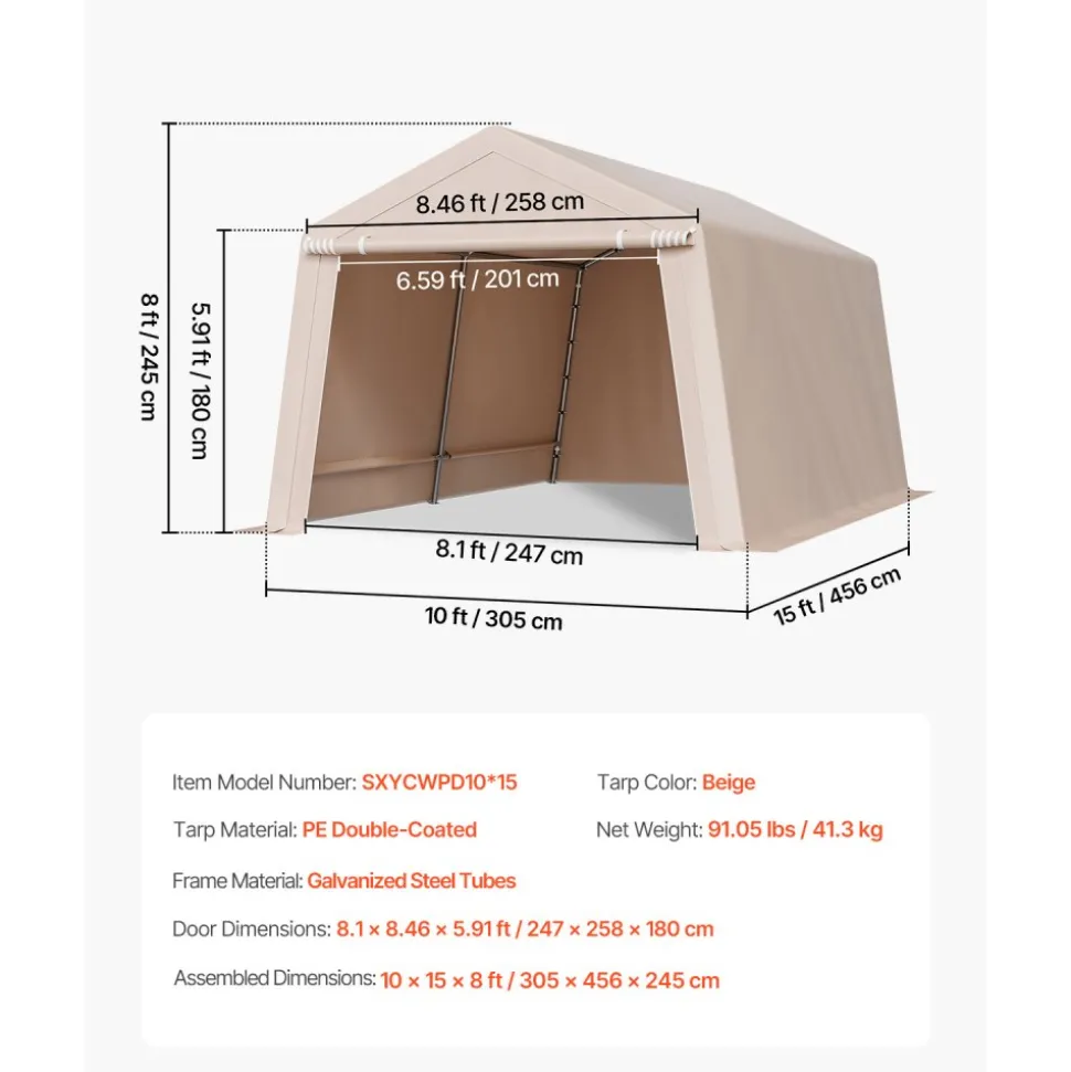 VEVOR Outdoor Storage Shed, 10 x 15 ft Portable Storage Tent with Roll-up Door, Waterproof Canopy Shed Shelter, Heavy Duty Frame, Patio Garage Carport for Motorcycle, Lawn Mower, Bike, Beige