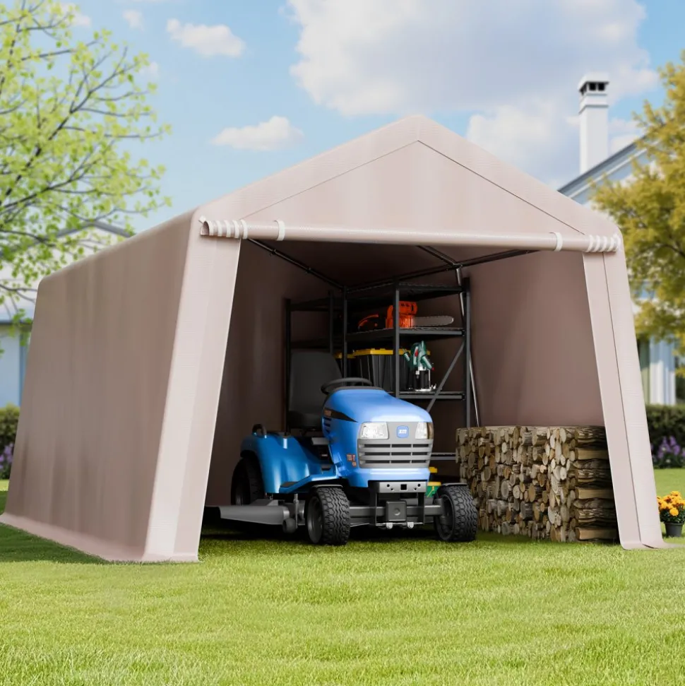 VEVOR Outdoor Storage Shed, 10 x 15 ft Portable Storage Tent with Roll-up Door, Waterproof Canopy Shed Shelter, Heavy Duty Frame, Patio Garage Carport for Motorcycle, Lawn Mower, Bike, Beige