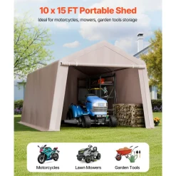 VEVOR Outdoor Storage Shed, 10 x 15 ft Portable Storage Tent with Roll-up Door, Waterproof Canopy Shed Shelter, Heavy Duty Frame, Patio Garage Carport for Motorcycle, Lawn Mower, Bike, Beige