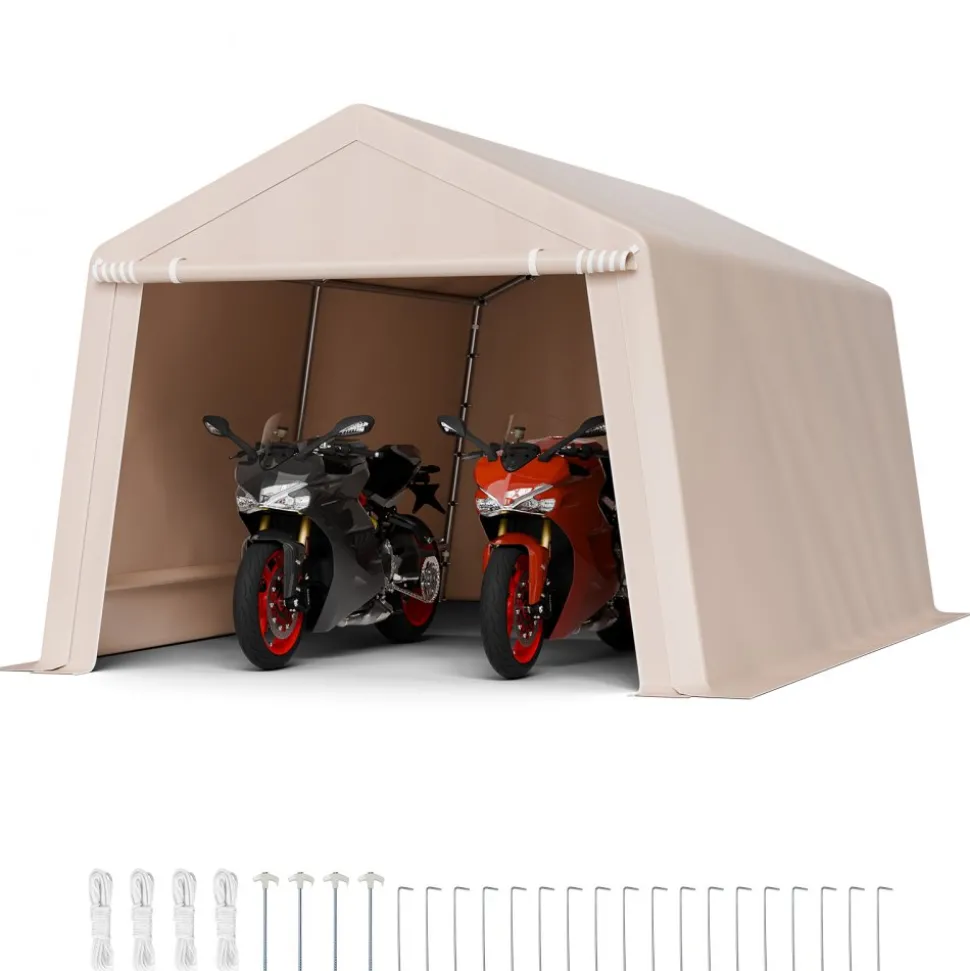 VEVOR Outdoor Storage Shed, 10 x 15 ft Portable Storage Tent with Roll-up Door, Waterproof Canopy Shed Shelter, Heavy Duty Frame, Patio Garage Carport for Motorcycle, Lawn Mower, Bike, Beige