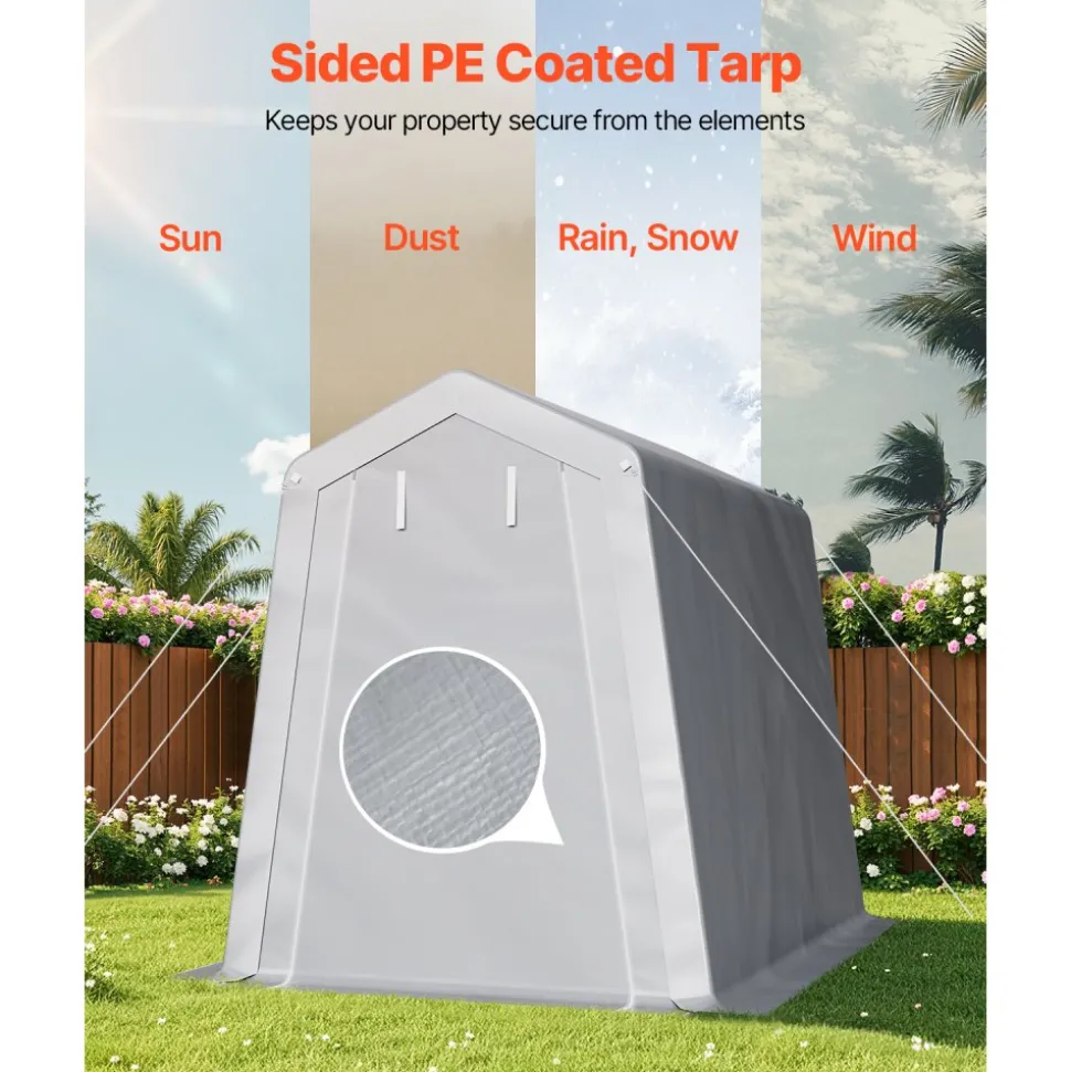 VEVOR Outdoor Storage Shed, 6 x 8 ft Portable Storage Tent with Roll-up Door & Vents, Waterproof Canopy Shed Shelter, Heavy Duty Frame, Patio Garage Carport for Motorcycle, Lawn Mower, Bike, Grey