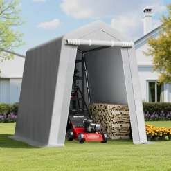 VEVOR Outdoor Storage Shed, 6 x 8 ft Portable Storage Tent with Roll-up Door & Vents, Waterproof Canopy Shed Shelter, Heavy Duty Frame, Patio Garage Carport for Motorcycle, Lawn Mower, Bike, Grey