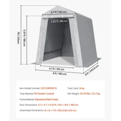 VEVOR Outdoor Storage Shed, 6 x 8 ft Portable Storage Tent with Roll-up Door & Vents, Waterproof Canopy Shed Shelter, Heavy Duty Frame, Patio Garage Carport for Motorcycle, Lawn Mower, Bike, Grey