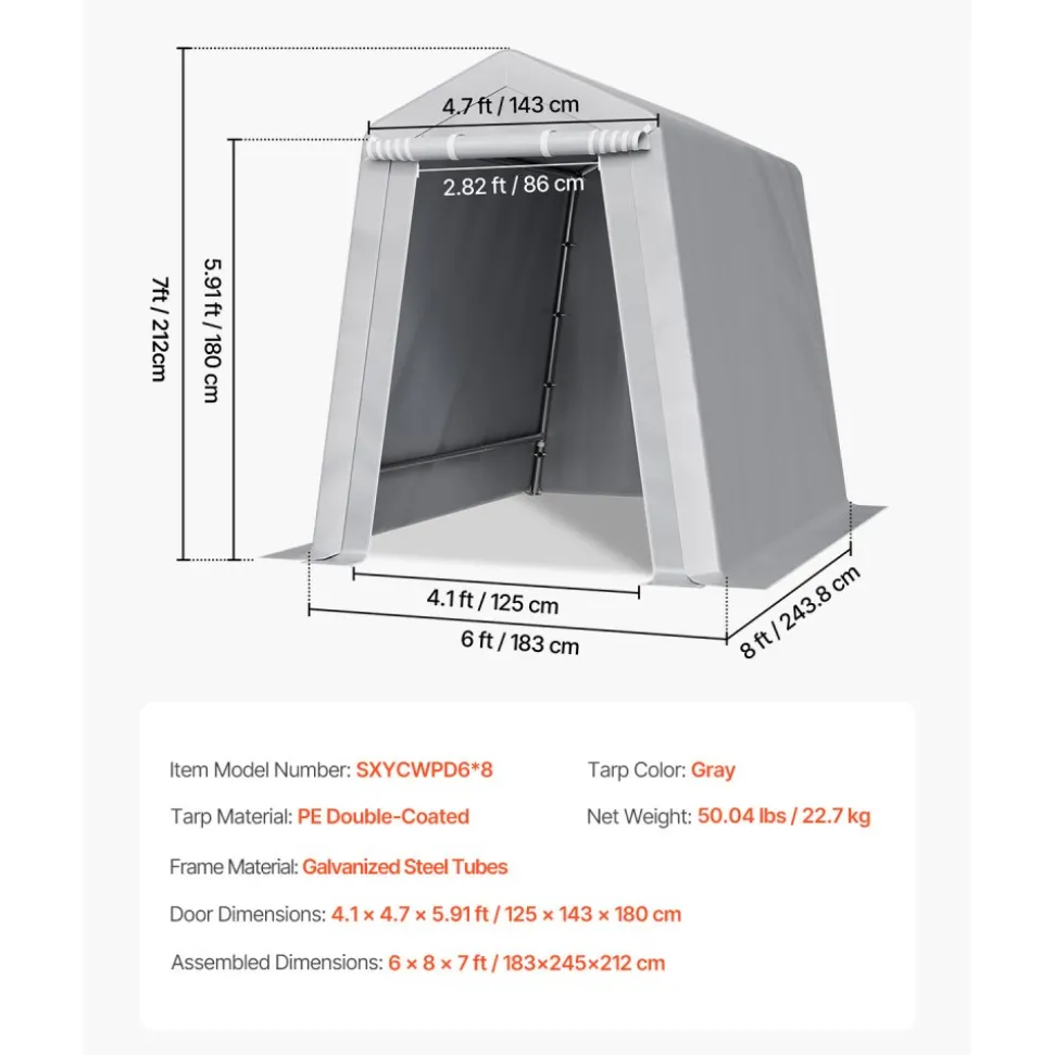 VEVOR Outdoor Storage Shed, 6 x 8 ft Portable Storage Tent with Roll-up Door & Vents, Waterproof Canopy Shed Shelter, Heavy Duty Frame, Patio Garage Carport for Motorcycle, Lawn Mower, Bike, Grey