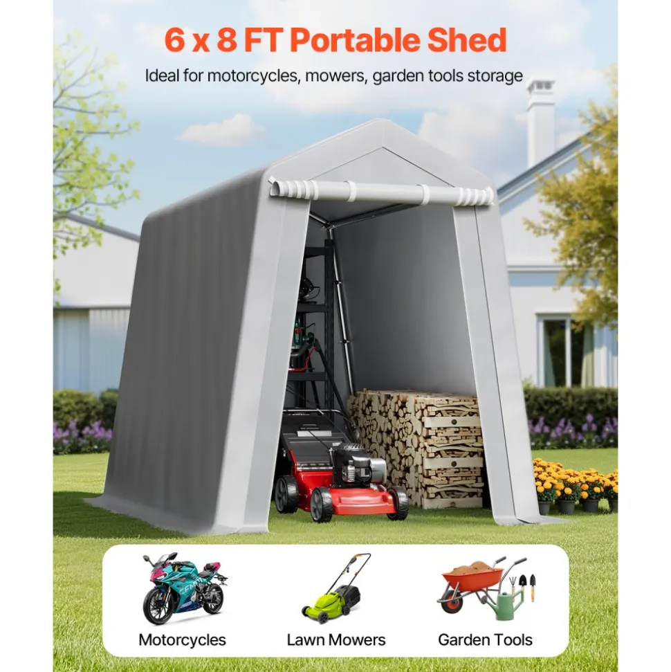 VEVOR Outdoor Storage Shed, 6 x 8 ft Portable Storage Tent with Roll-up Door & Vents, Waterproof Canopy Shed Shelter, Heavy Duty Frame, Patio Garage Carport for Motorcycle, Lawn Mower, Bike, Grey