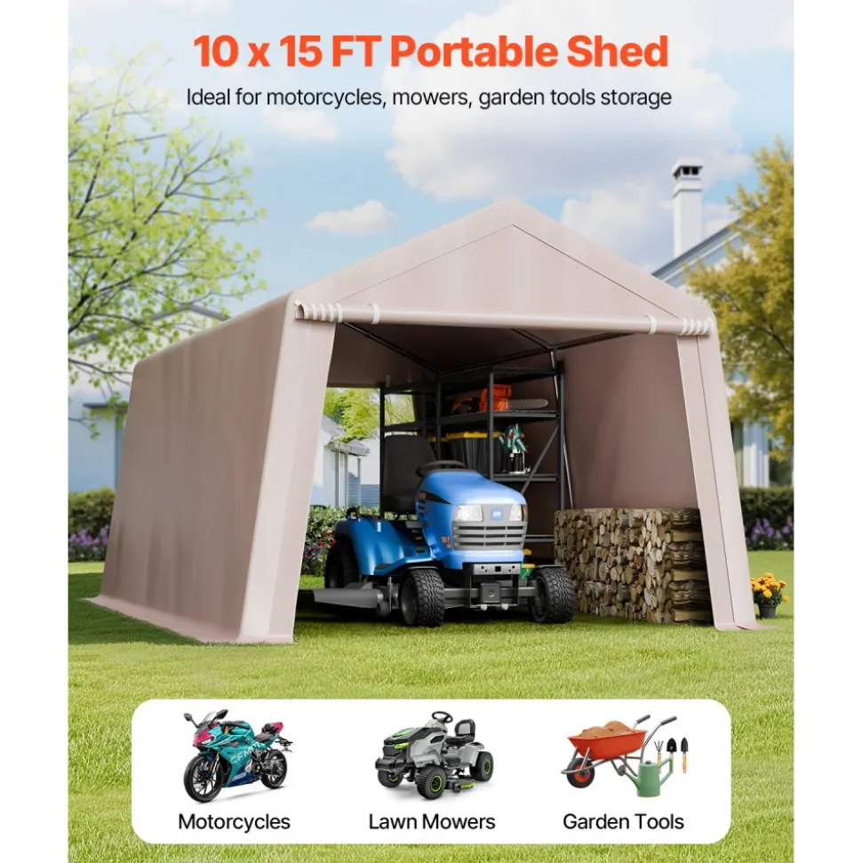 VEVOR Outdoor Storage Shed, 10 x 15 ft Portable Storage Tent with 2 Roll-up Doors & Vents, Waterproof Canopy Shed Shelter, Heavy Duty Frame, Patio Garage Carport for Motorcycle Lawn Mower, Beige