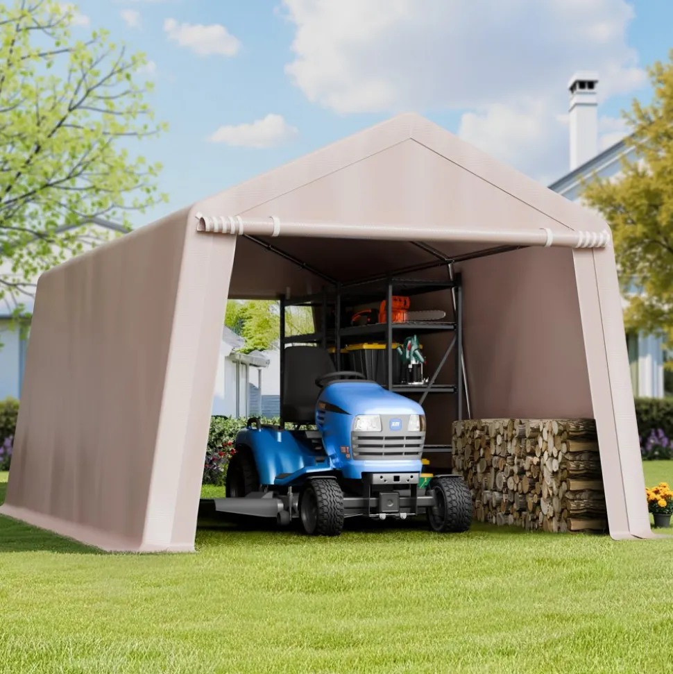VEVOR Outdoor Storage Shed, 10 x 15 ft Portable Storage Tent with 2 Roll-up Doors & Vents, Waterproof Canopy Shed Shelter, Heavy Duty Frame, Patio Garage Carport for Motorcycle Lawn Mower, Beige