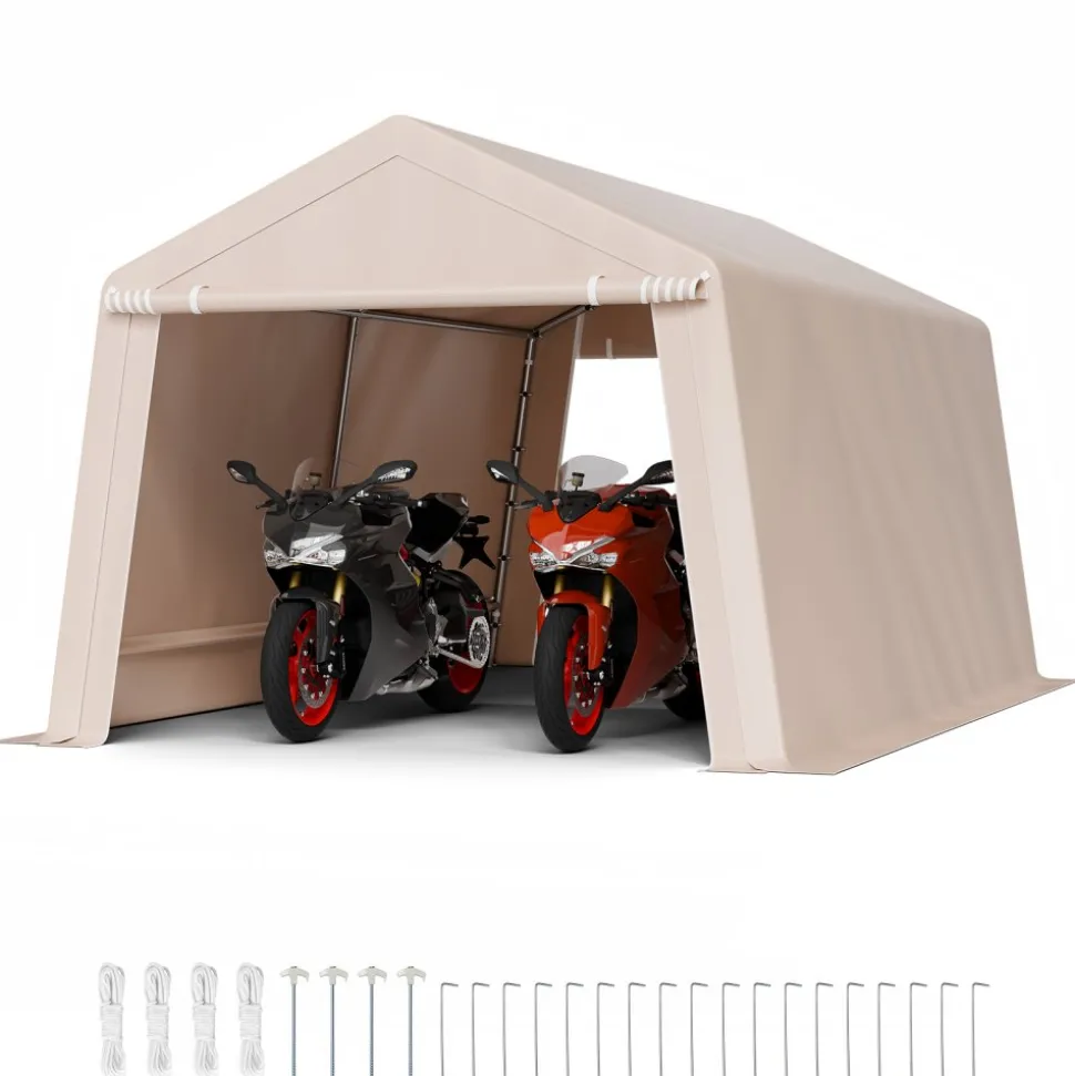 VEVOR Outdoor Storage Shed, 10 x 15 ft Portable Storage Tent with 2 Roll-up Doors & Vents, Waterproof Canopy Shed Shelter, Heavy Duty Frame, Patio Garage Carport for Motorcycle Lawn Mower, Beige