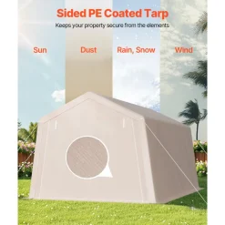 VEVOR Outdoor Storage Shed, 10 x 15 ft Portable Storage Tent with 2 Roll-up Doors & Vents, Waterproof Canopy Shed Shelter, Heavy Duty Frame, Patio Garage Carport for Motorcycle Lawn Mower, Beige