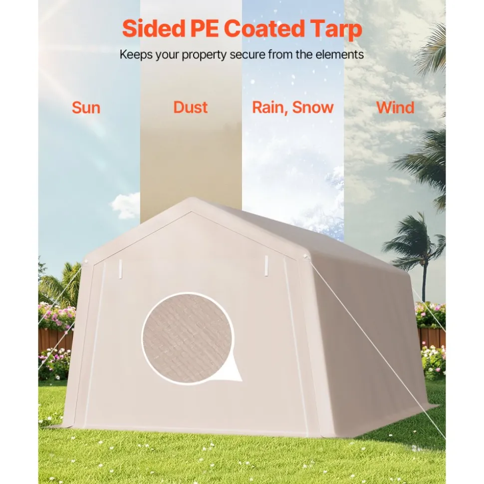 VEVOR Outdoor Storage Shed, 10 x 15 ft Portable Storage Tent with 2 Roll-up Doors & Vents, Waterproof Canopy Shed Shelter, Heavy Duty Frame, Patio Garage Carport for Motorcycle Lawn Mower, Beige