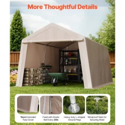 VEVOR Outdoor Storage Shed, 10 x 15 ft Portable Storage Tent with 2 Roll-up Doors & Vents, Waterproof Canopy Shed Shelter, Heavy Duty Frame, Patio Garage Carport for Motorcycle Lawn Mower, Beige