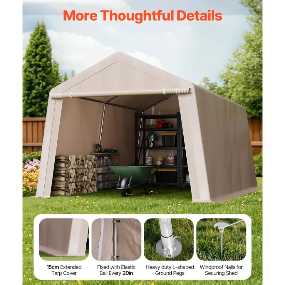 VEVOR Outdoor Storage Shed, 10 x 15 ft Portable Storage Tent with 2 Roll-up Doors & Vents, Waterproof Canopy Shed Shelter, Heavy Duty Frame, Patio Garage Carport for Motorcycle Lawn Mower, Beige