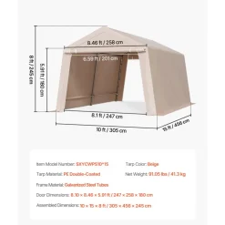 VEVOR Outdoor Storage Shed, 10 x 15 ft Portable Storage Tent with 2 Roll-up Doors & Vents, Waterproof Canopy Shed Shelter, Heavy Duty Frame, Patio Garage Carport for Motorcycle Lawn Mower, Beige