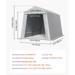 VEVOR Outdoor Storage Shed, 7 x 12 ft Portable Storage Tent with Roll-up Door, Waterproof Canopy Shed Shelter, Heavy Duty Frame, Patio Garage Carport for Motorcycle, Lawn Mower, Bike, Grey