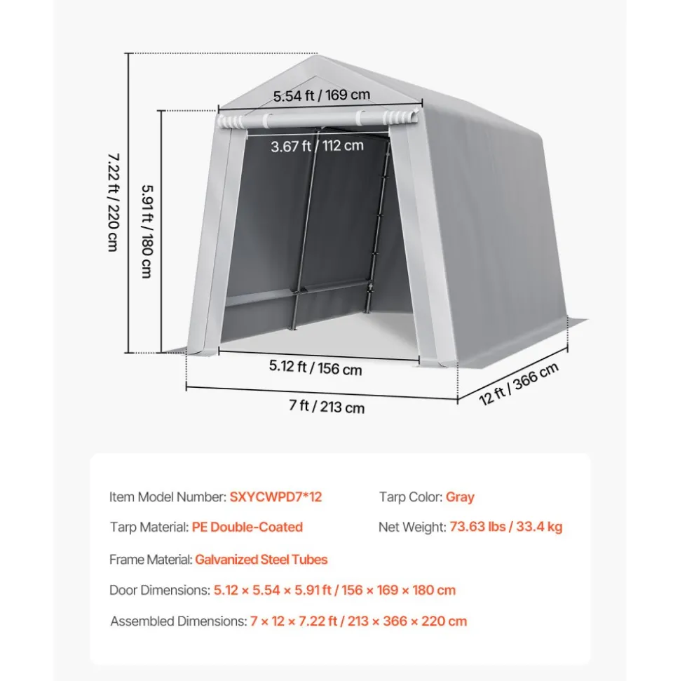 VEVOR Outdoor Storage Shed, 8 x 14 ft Portable Storage Tent with Roll-up Door & Vents, Waterproof Canopy Shed Shelter, Heavy Duty Frame, Patio Garage Carport for Motorcycle, Lawn Mower, Bike, Grey