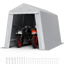 VEVOR Outdoor Storage Shed, 7 x 12 ft Portable Storage Tent with Roll-up Door, Waterproof Canopy Shed Shelter, Heavy Duty Frame, Patio Garage Carport for Motorcycle, Lawn Mower, Bike, Grey