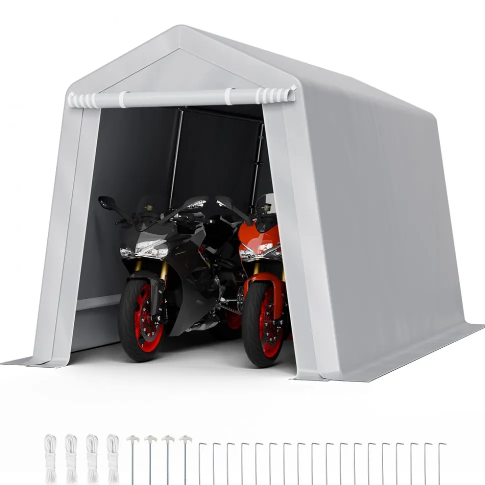 VEVOR Outdoor Storage Shed, 8 x 14 ft Portable Storage Tent with Roll-up Door & Vents, Waterproof Canopy Shed Shelter, Heavy Duty Frame, Patio Garage Carport for Motorcycle, Lawn Mower, Bike, Grey