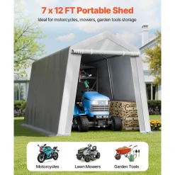 VEVOR Outdoor Storage Shed, 8 x 14 ft Portable Storage Tent with Roll-up Door & Vents, Waterproof Canopy Shed Shelter, Heavy Duty Frame, Patio Garage Carport for Motorcycle, Lawn Mower, Bike, Grey