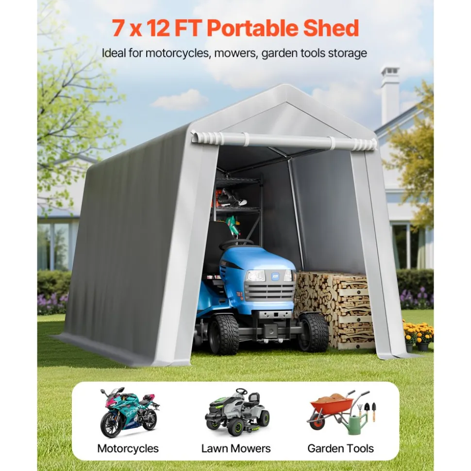VEVOR Outdoor Storage Shed, 8 x 14 ft Portable Storage Tent with Roll-up Door & Vents, Waterproof Canopy Shed Shelter, Heavy Duty Frame, Patio Garage Carport for Motorcycle, Lawn Mower, Bike, Grey