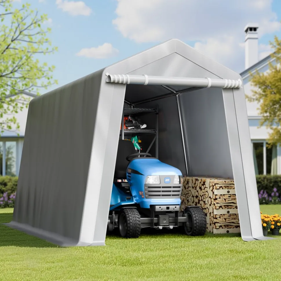 VEVOR Outdoor Storage Shed, 8 x 14 ft Portable Storage Tent with Roll-up Door & Vents, Waterproof Canopy Shed Shelter, Heavy Duty Frame, Patio Garage Carport for Motorcycle, Lawn Mower, Bike, Grey
