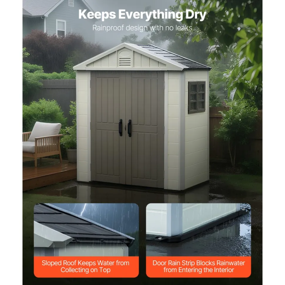 VEVOR Outdoor Storage Shed, 4x8 Ft, Heavy-Duty Resin Tool Shed, with Reinforced Floor, Skylight, Lockable Door, Weather Resistant, 152 Cu. Ft. for Garden Tools, Lawn Mower, Bike, Backyard, Patio, Grey